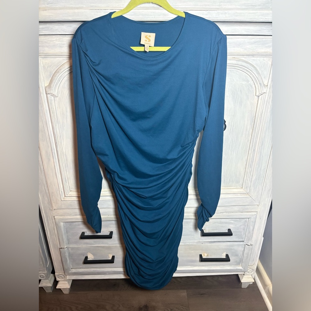 S By Serena Teal Bodycon Ruched‎ Dress Flattering Cocktail Elegant Classic - Picture 2 of 8